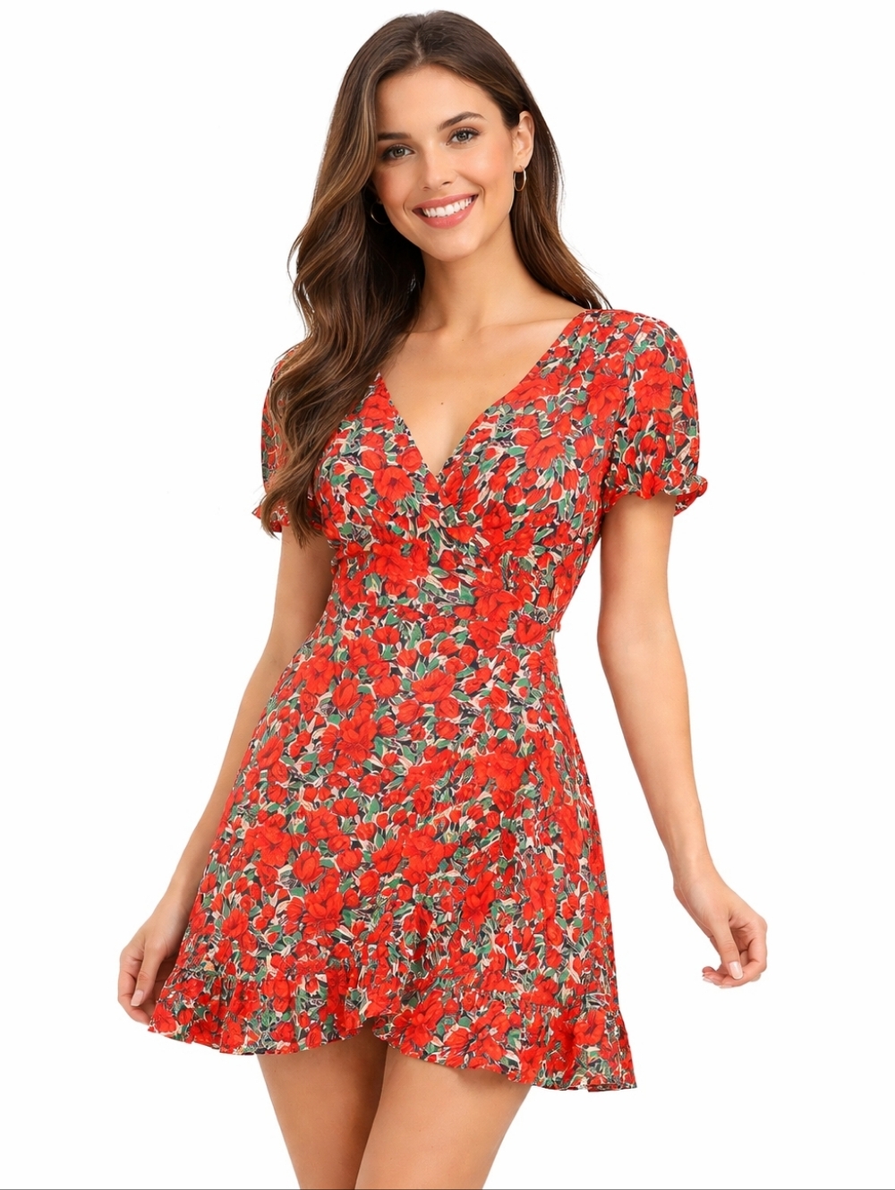 Molly Bracken Poppy Red Floral Wrap Mini Dress - NWOT 🌹